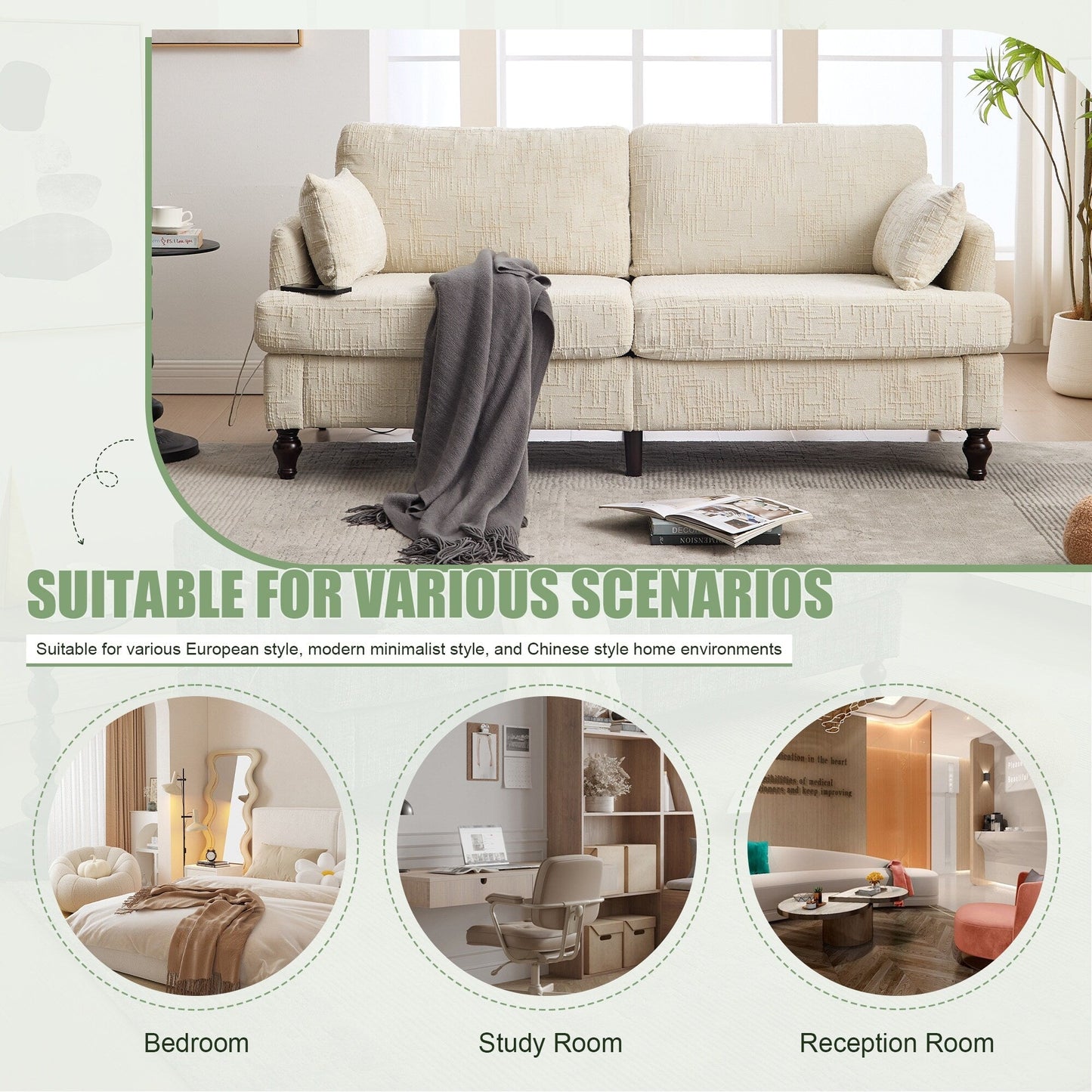 Divano moderno a 2 posti in ciniglia con gambe in legno, luce a LED, porta di ricarica USB e borsa portaoggetti, per soggiorno, camera da letto, studio