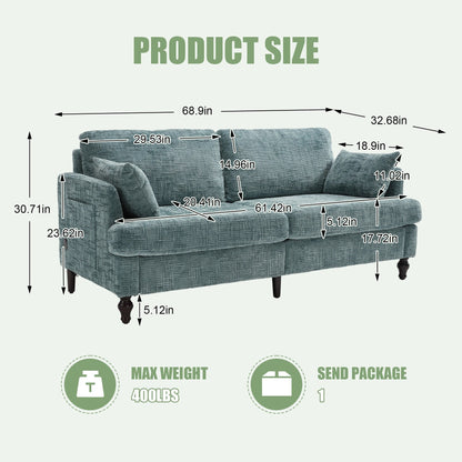 Divano moderno a 2 posti in ciniglia con gambe in legno, luce a LED, porta di ricarica USB e borsa portaoggetti, per soggiorno, camera da letto, studio