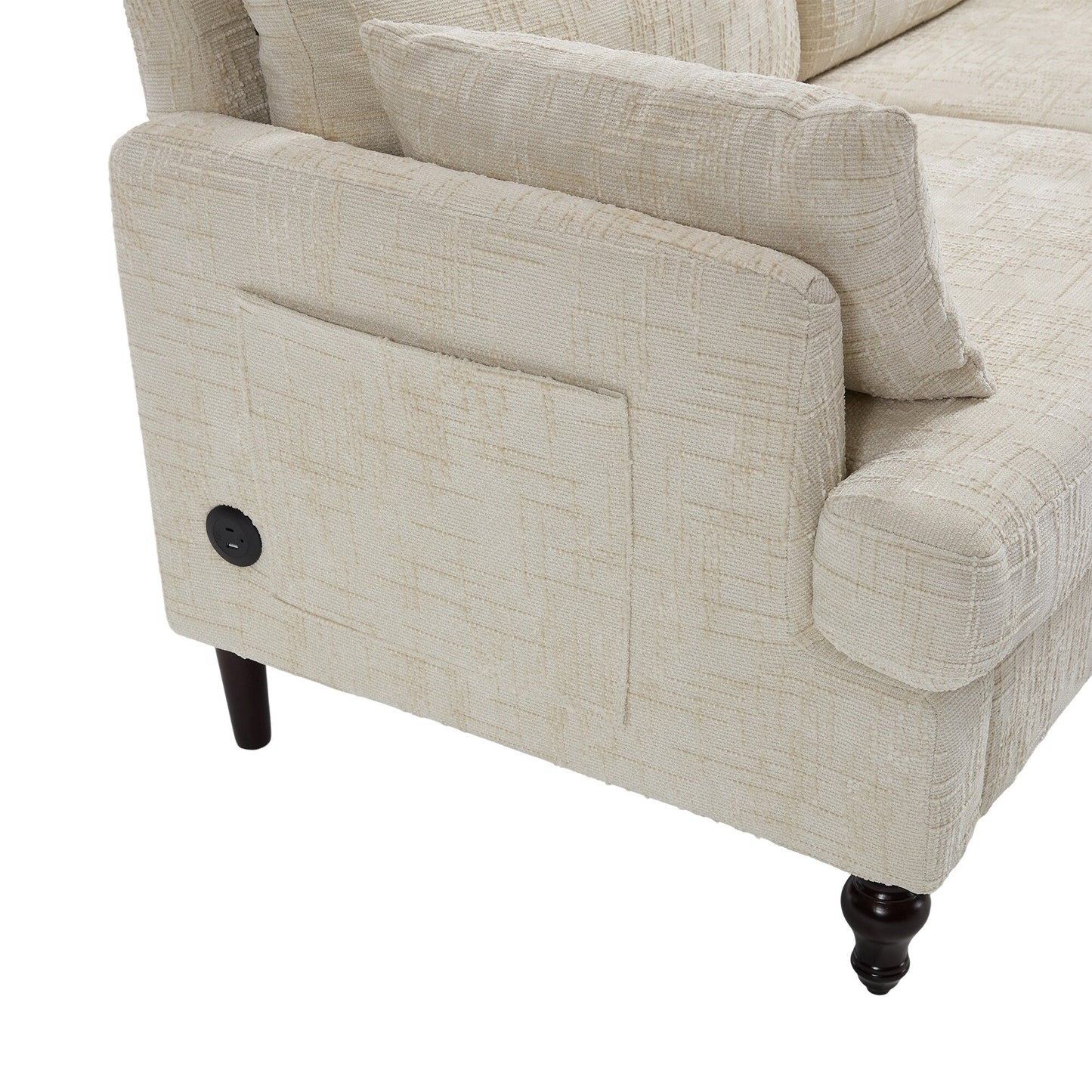 Divano moderno a 2 posti in ciniglia con gambe in legno, luce a LED, porta di ricarica USB e borsa portaoggetti, per soggiorno, camera da letto, studio