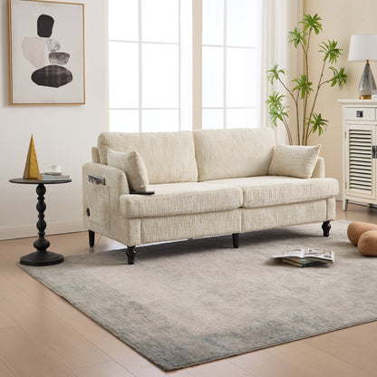 Divano moderno a 2 posti in ciniglia con gambe in legno, luce a LED, porta di ricarica USB e borsa portaoggetti, per soggiorno, camera da letto, studio