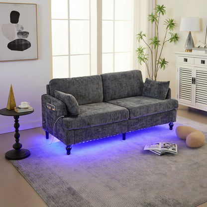 Divano moderno a 2 posti in ciniglia con gambe in legno, luce a LED, porta di ricarica USB e borsa portaoggetti, per soggiorno, camera da letto, studio