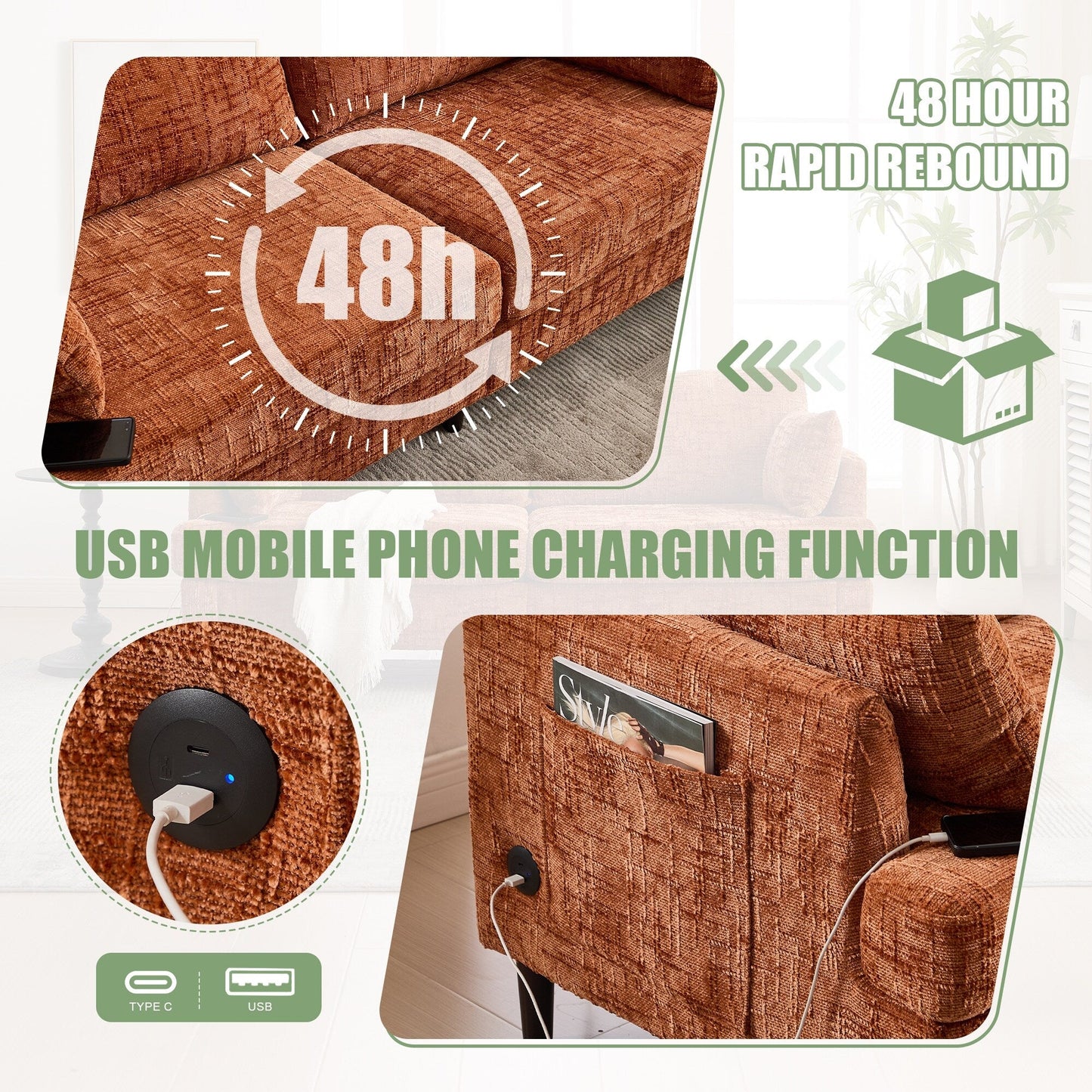 Divano moderno a 2 posti in ciniglia con gambe in legno, luce a LED, porta di ricarica USB e borsa portaoggetti, per soggiorno, camera da letto, studio