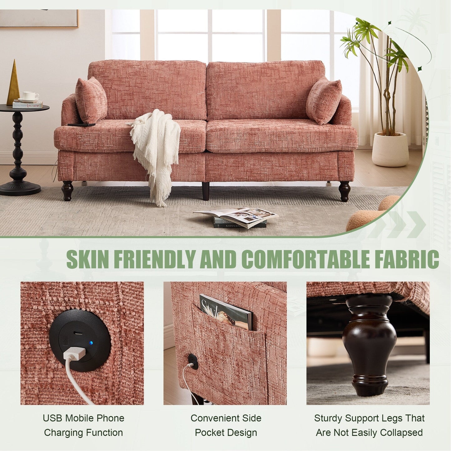 Divano moderno a 2 posti in ciniglia con gambe in legno, luce a LED, porta di ricarica USB e borsa portaoggetti, per soggiorno, camera da letto, studio