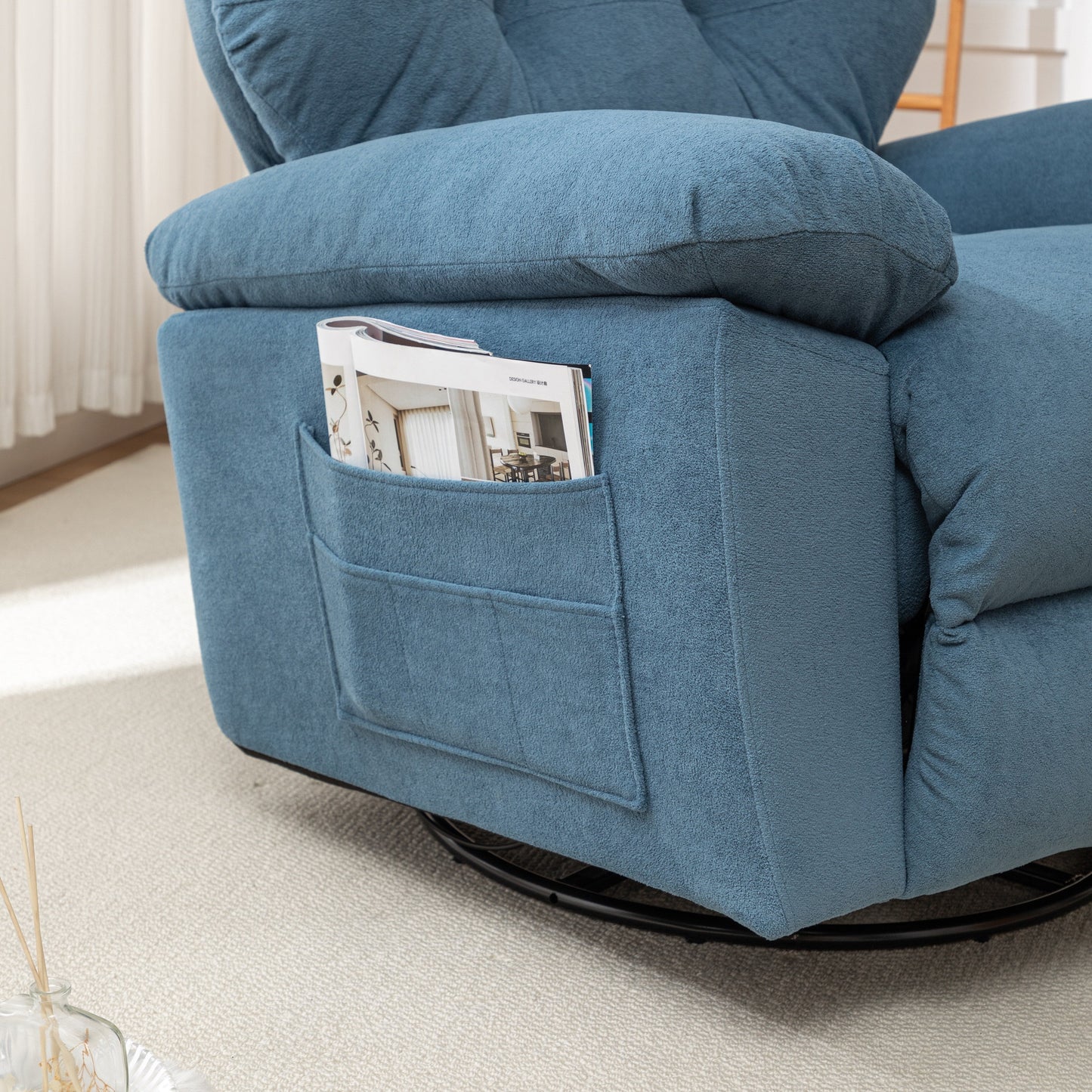 Divano moderno girevole reclinabile manuale per home theatre, regolabile, singolo, con poggiapiedi e tasca laterale