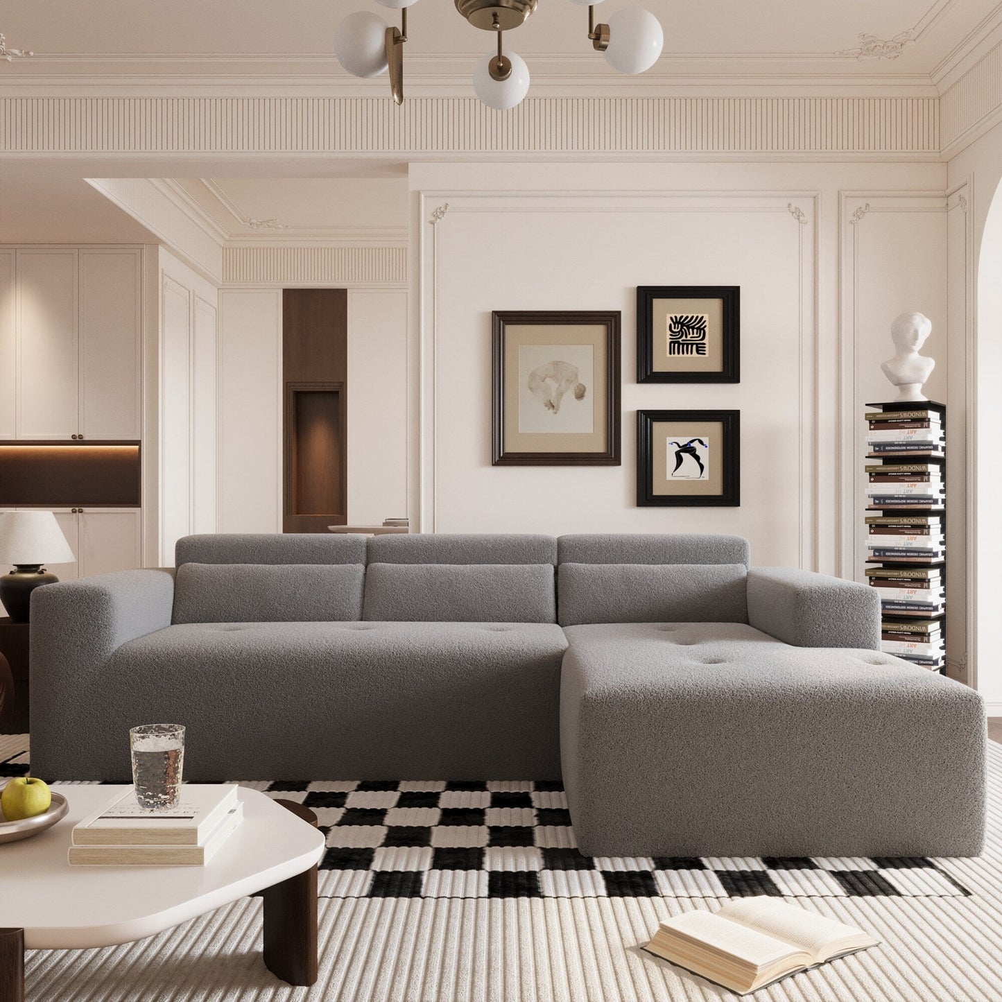 Divano componibile moderno a forma di L in tessuto Teddy, divano a 3 posti con chaise longue e cuscini per soggiorno e appartamento