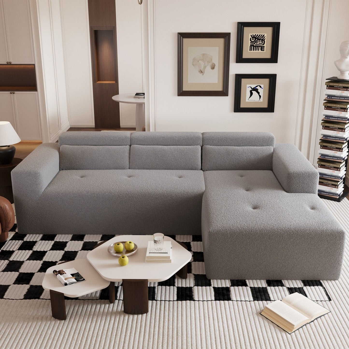 Divano componibile moderno a forma di L in tessuto Teddy, divano a 3 posti con chaise longue e cuscini per soggiorno e appartamento