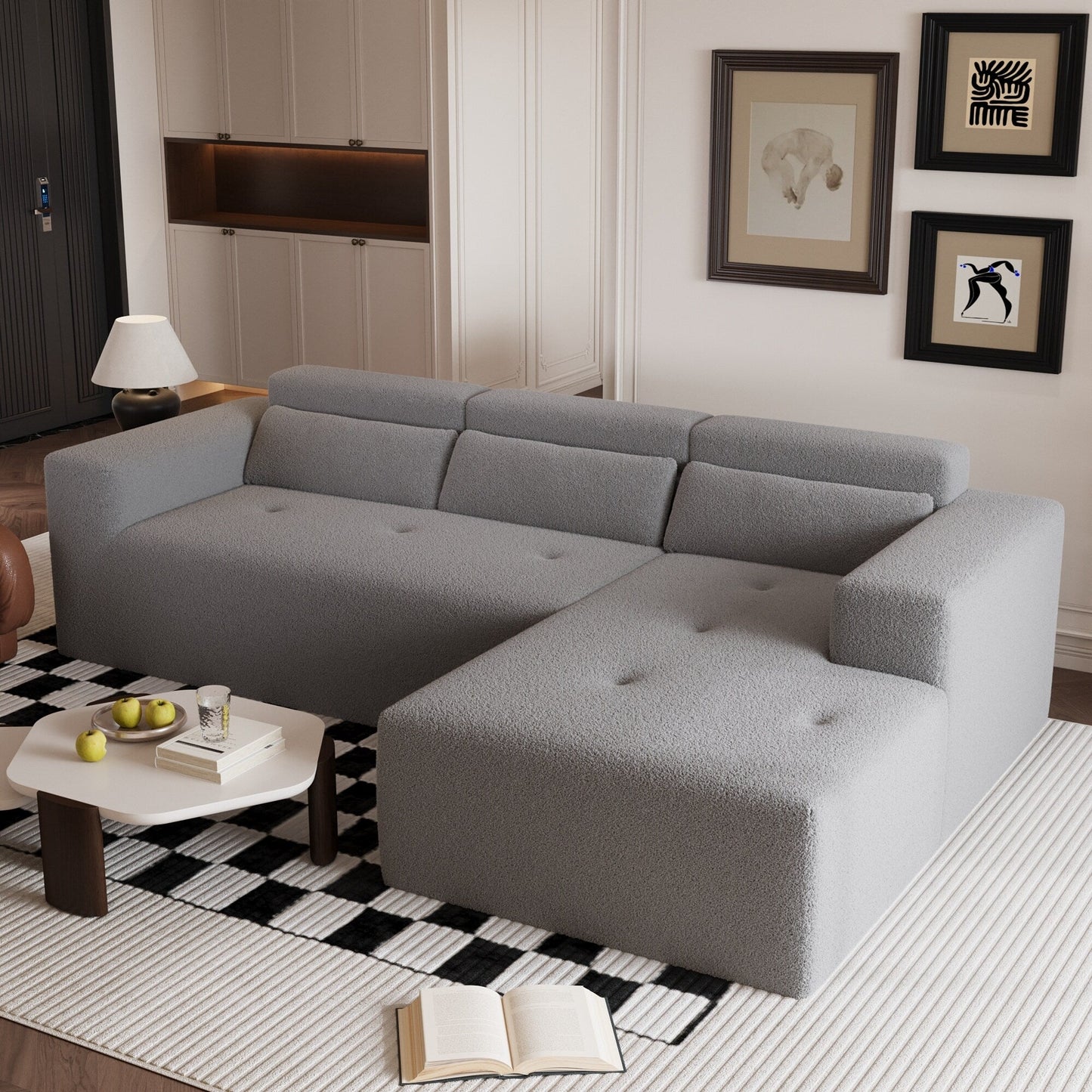 Divano componibile moderno a forma di L in tessuto Teddy, divano a 3 posti con chaise longue e cuscini per soggiorno e appartamento