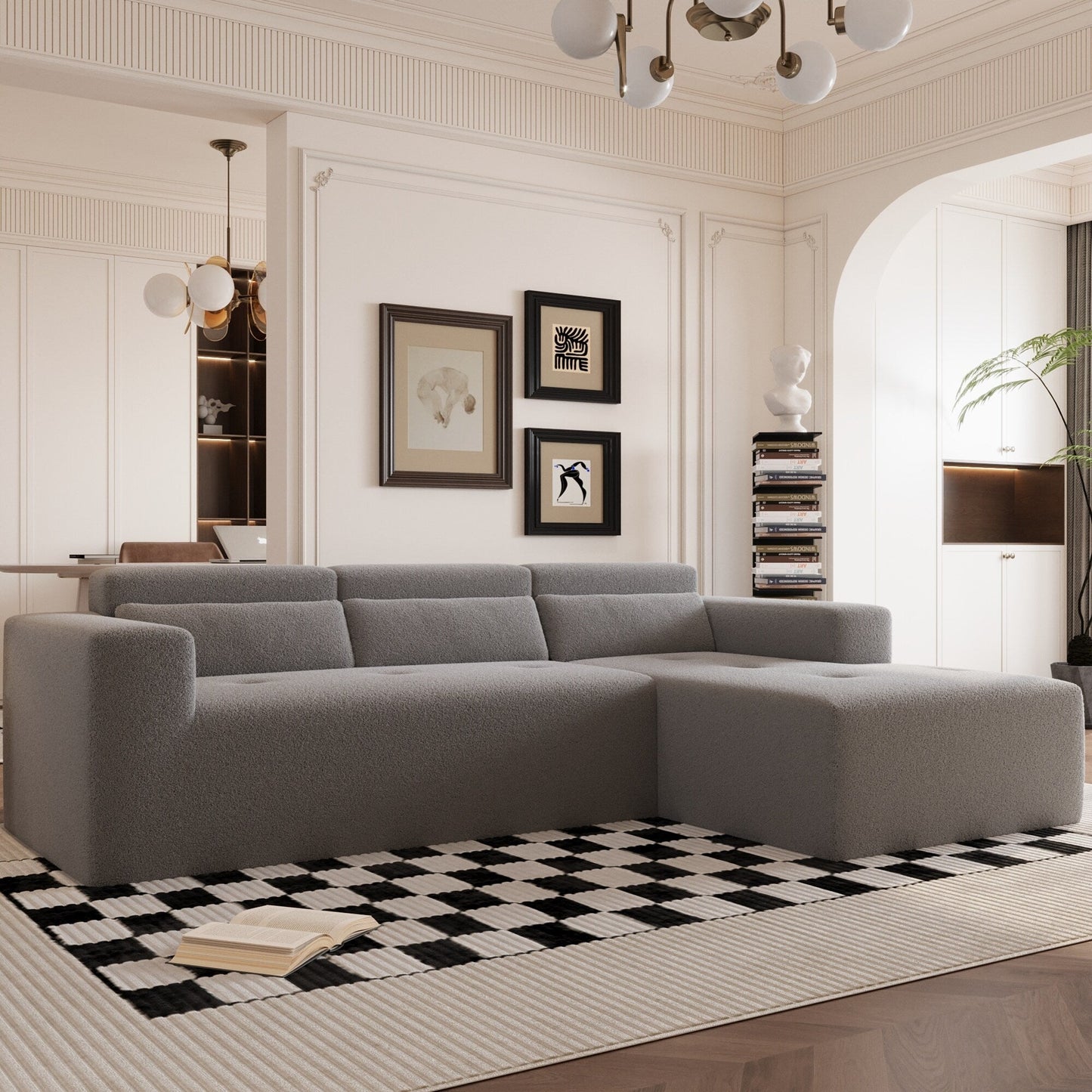 Divano componibile moderno a forma di L in tessuto Teddy, divano a 3 posti con chaise longue e cuscini per soggiorno e appartamento