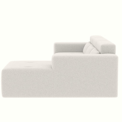 Divano componibile moderno a forma di L in tessuto Teddy, divano a 3 posti con chaise longue e cuscini per soggiorno e appartamento