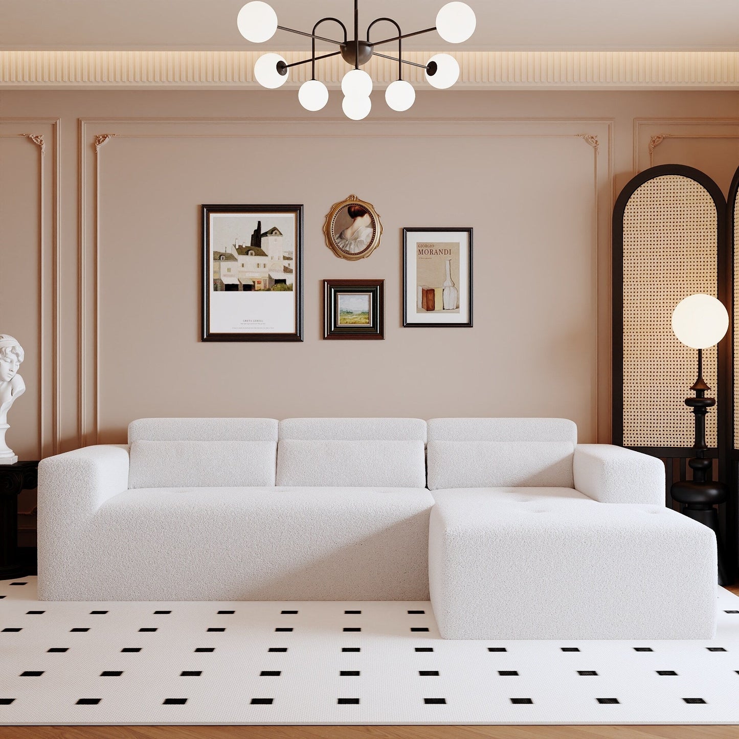 Divano componibile moderno a forma di L in tessuto Teddy, divano a 3 posti con chaise longue e cuscini per soggiorno e appartamento