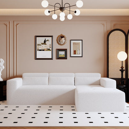 Divano componibile moderno a forma di L in tessuto Teddy, divano a 3 posti con chaise longue e cuscini per soggiorno e appartamento