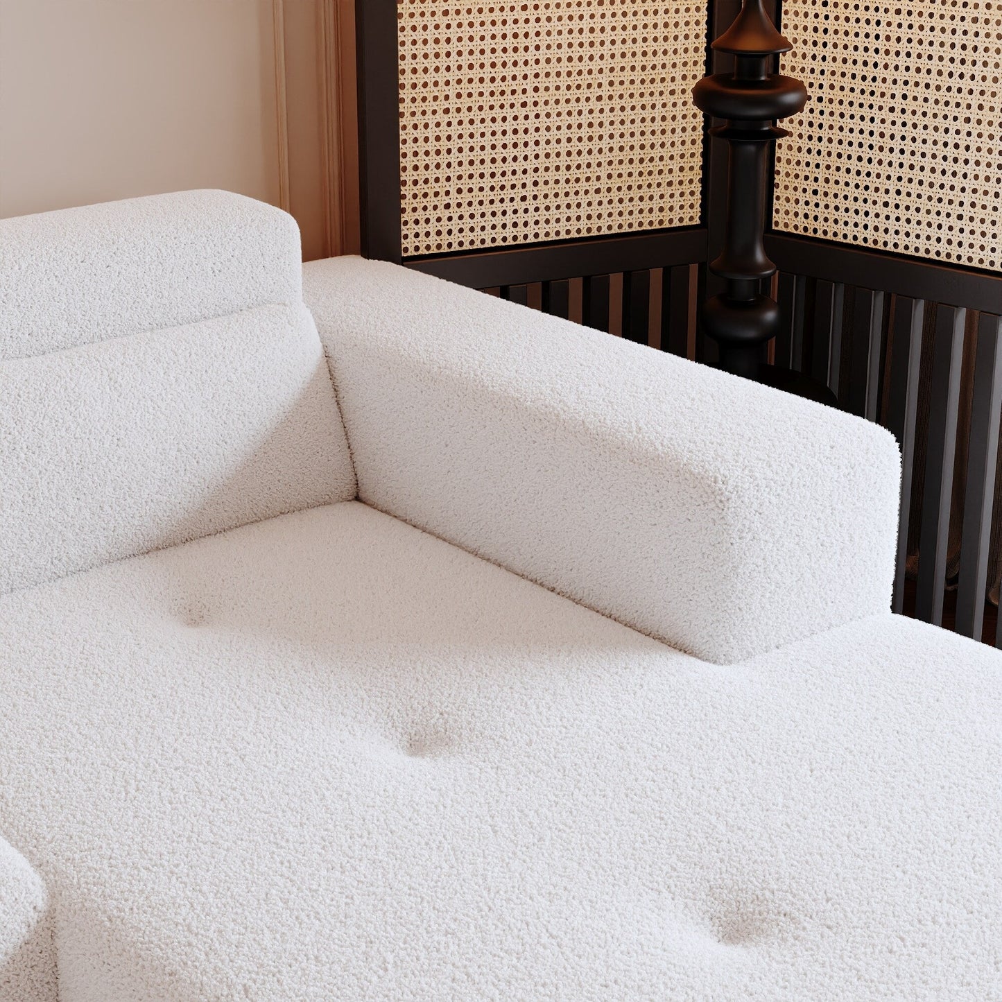 Divano componibile moderno a forma di L in tessuto Teddy, divano a 3 posti con chaise longue e cuscini per soggiorno e appartamento