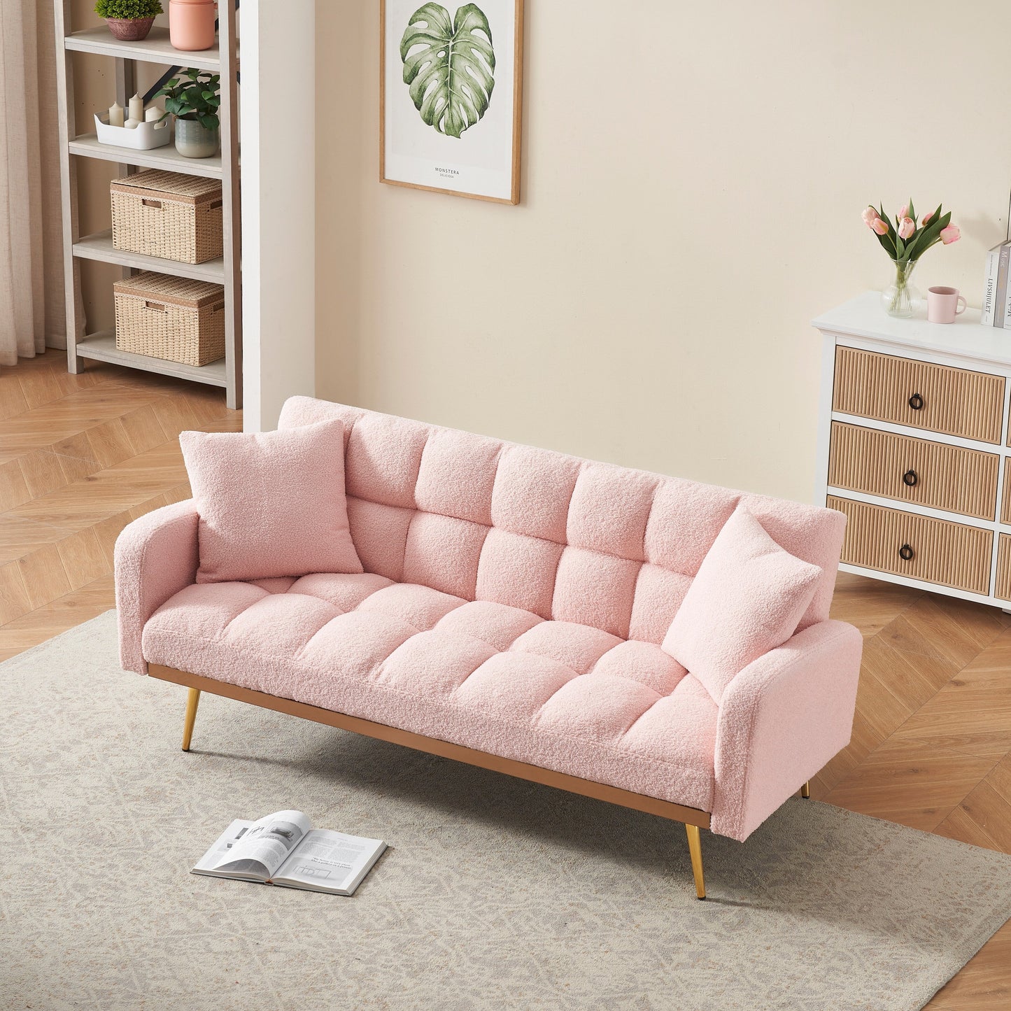 Divano moderno in pile Teddy, comodo divano a due posti regolabile con braccioli morbidi e 2 cuscini decorativi per camere da letto in appartamento