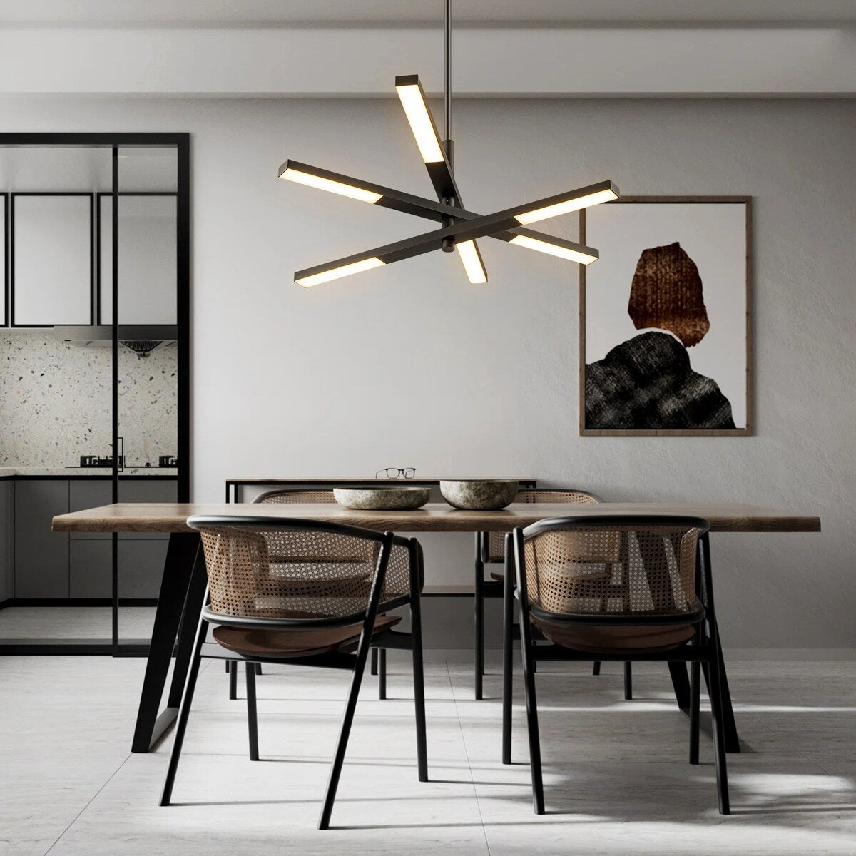 Lampadario moderno lineare a più livelli Sputnik con luce calda 3000K e LED integrato
