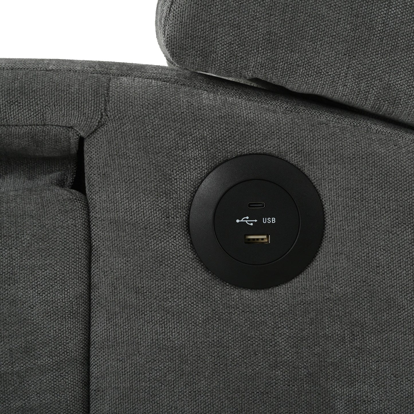 Poltrona reclinabile moderna imbottita con schienale a spinta, tavolino pieghevole e porte di ricarica USB per soggiorno o camera da letto