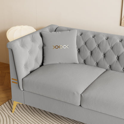 Divano moderno in velluto trapuntato, divano a 3 posti di metà secolo con gambe e cuscini in metallo dorato, elegante divano in stile Chesterfield