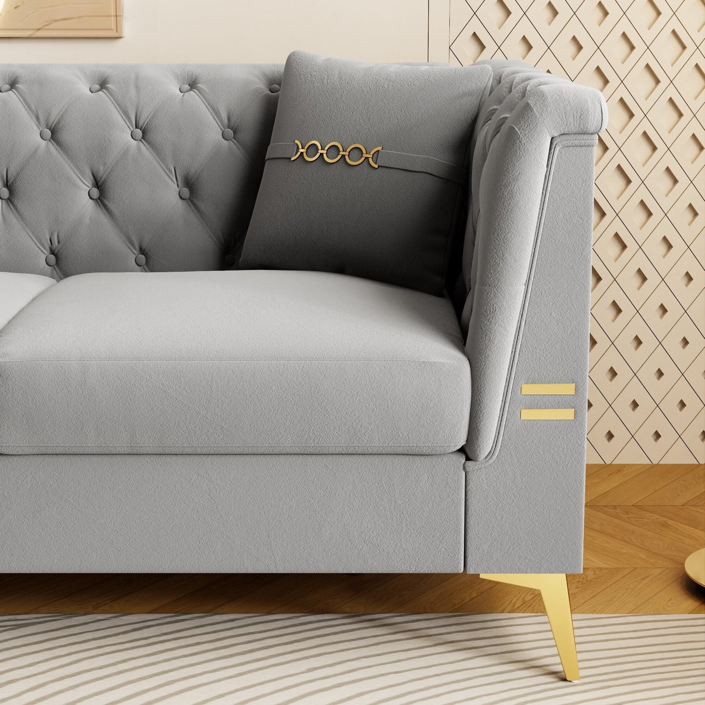 Divano moderno in velluto trapuntato, divano a 3 posti di metà secolo con gambe e cuscini in metallo dorato, elegante divano in stile Chesterfield