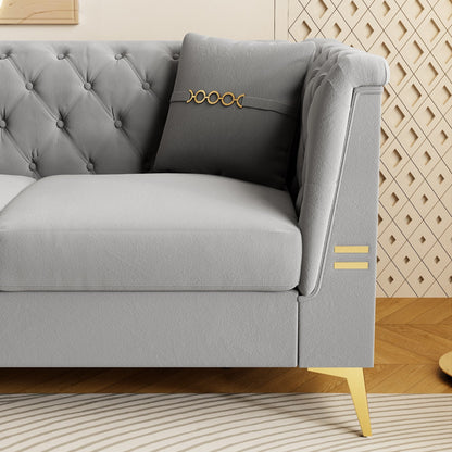 Divano moderno in velluto trapuntato, divano a 3 posti di metà secolo con gambe e cuscini in metallo dorato, elegante divano in stile Chesterfield