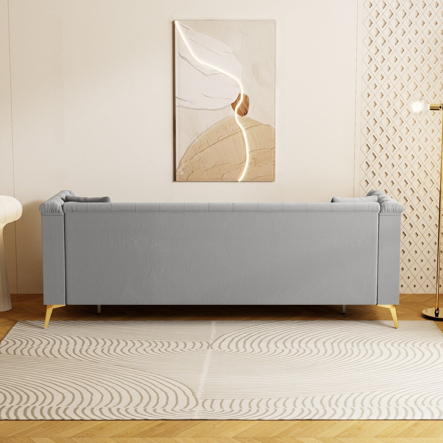 Divano moderno in velluto trapuntato, divano a 3 posti di metà secolo con gambe e cuscini in metallo dorato, elegante divano in stile Chesterfield