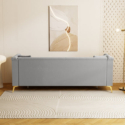 Divano moderno in velluto trapuntato, divano a 3 posti di metà secolo con gambe e cuscini in metallo dorato, elegante divano in stile Chesterfield