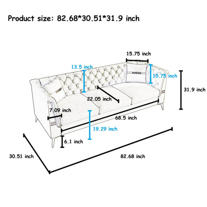 Divano moderno in velluto trapuntato, divano a 3 posti di metà secolo con gambe e cuscini in metallo dorato, elegante divano in stile Chesterfield