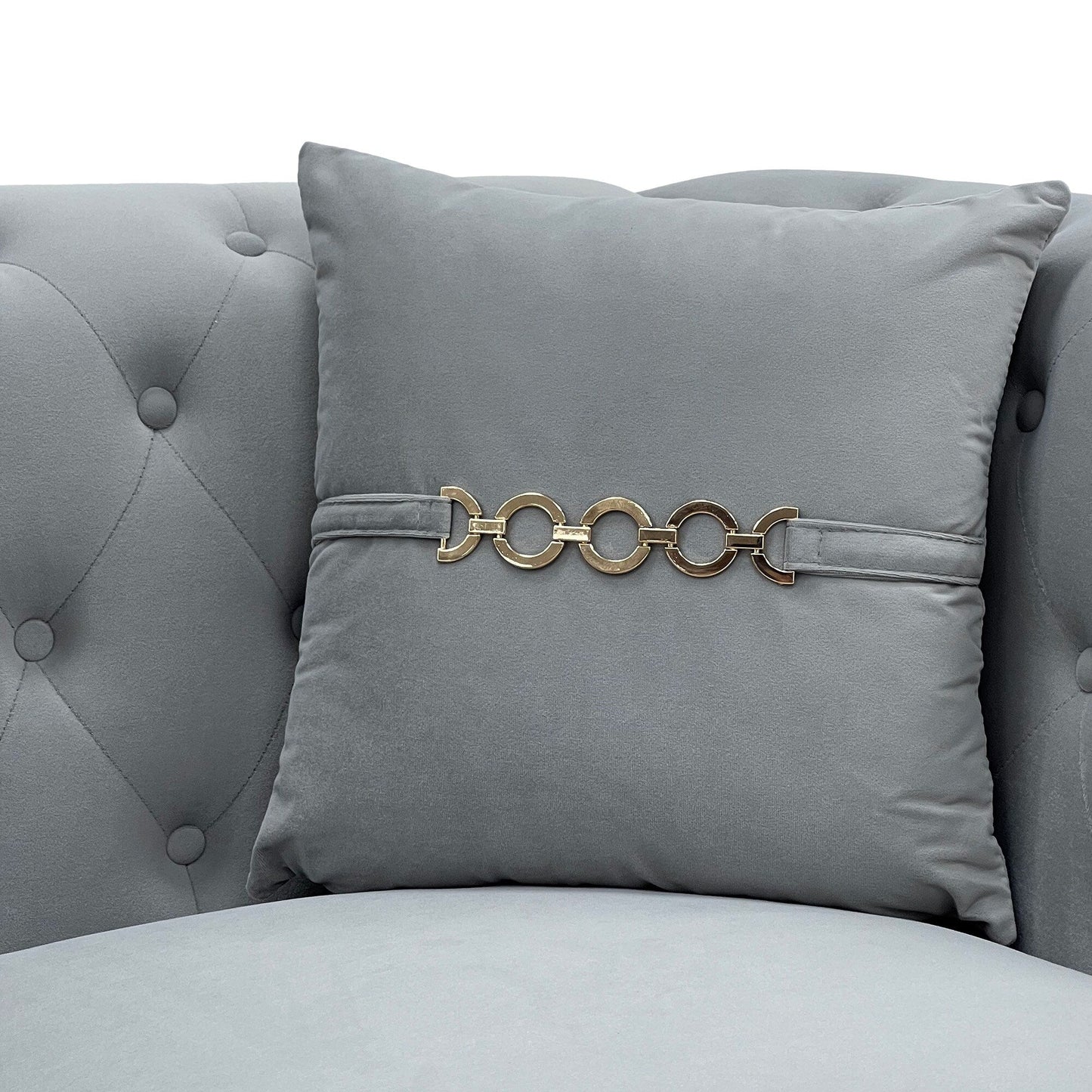 Divano moderno in velluto trapuntato, divano a 3 posti di metà secolo con gambe e cuscini in metallo dorato, elegante divano in stile Chesterfield