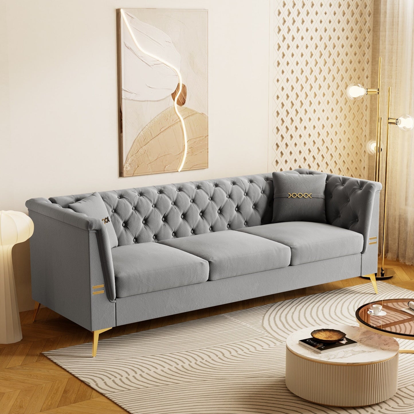 Divano moderno in velluto trapuntato, divano a 3 posti di metà secolo con gambe e cuscini in metallo dorato, elegante divano in stile Chesterfield