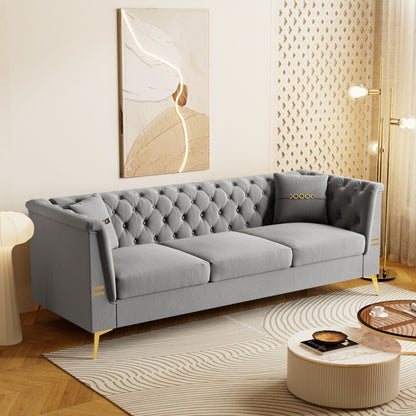 Divano moderno in velluto trapuntato, divano a 3 posti di metà secolo con gambe e cuscini in metallo dorato, elegante divano in stile Chesterfield