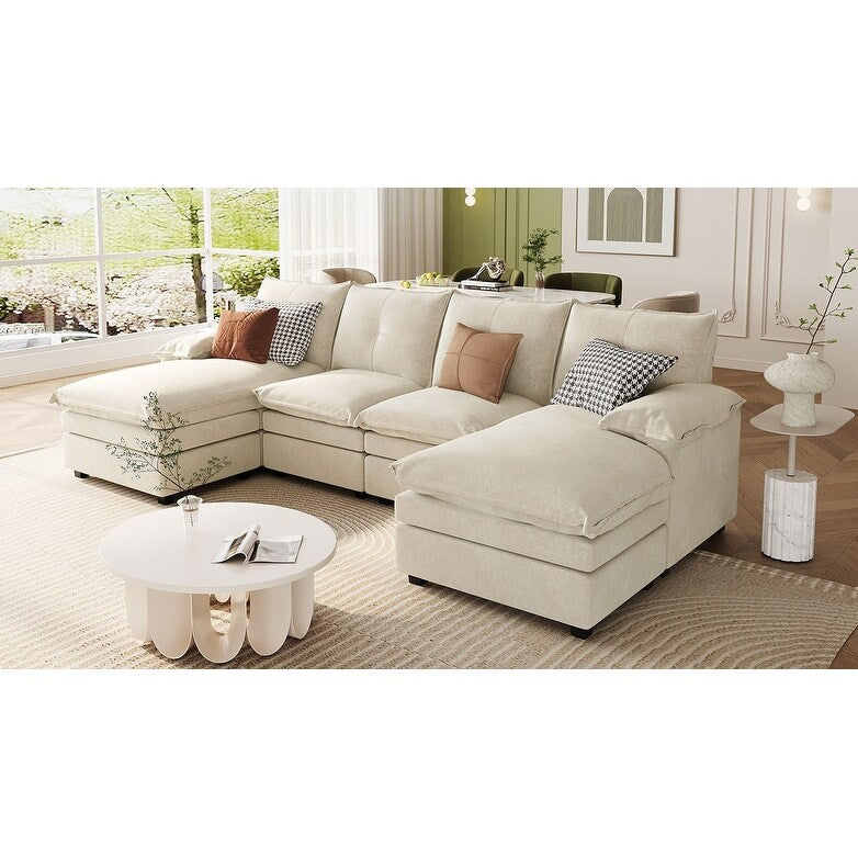 Divano componibile moderno a forma di U in ciniglia, divano componibile a 6 posti con schienale trapuntato e cuscini regolabili sui braccioli.