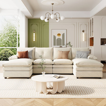 Divano componibile moderno a forma di U in ciniglia, divano componibile a 6 posti con schienale trapuntato e cuscini regolabili sui braccioli.