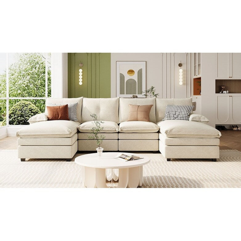 Divano componibile moderno a forma di U in ciniglia, divano componibile a 6 posti con schienale trapuntato e cuscini regolabili sui braccioli.