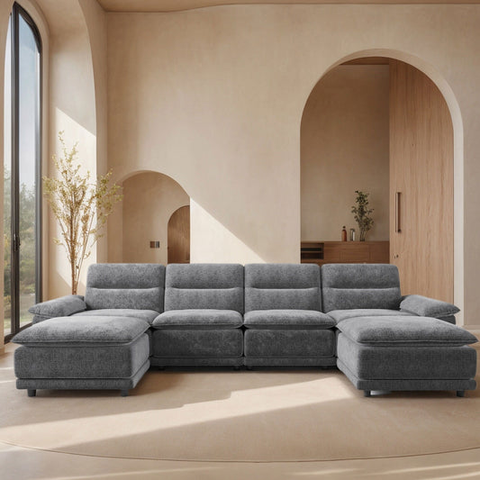 Divano componibile modulare moderno a forma di U, divano letto a 6 posti con chaise longue e pouf per soggiorno