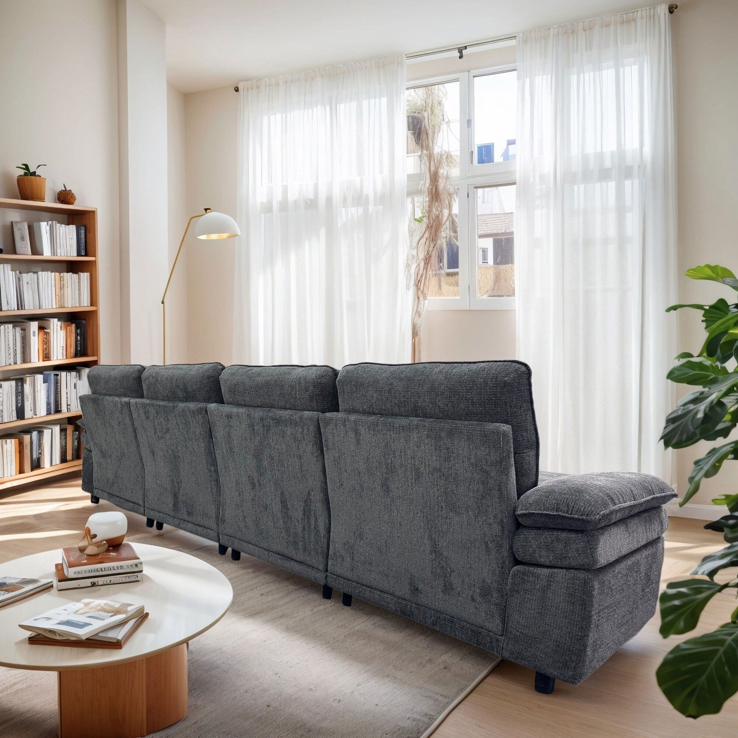 Divano componibile modulare moderno a forma di U, divano letto a 6 posti con chaise longue e pouf per soggiorno