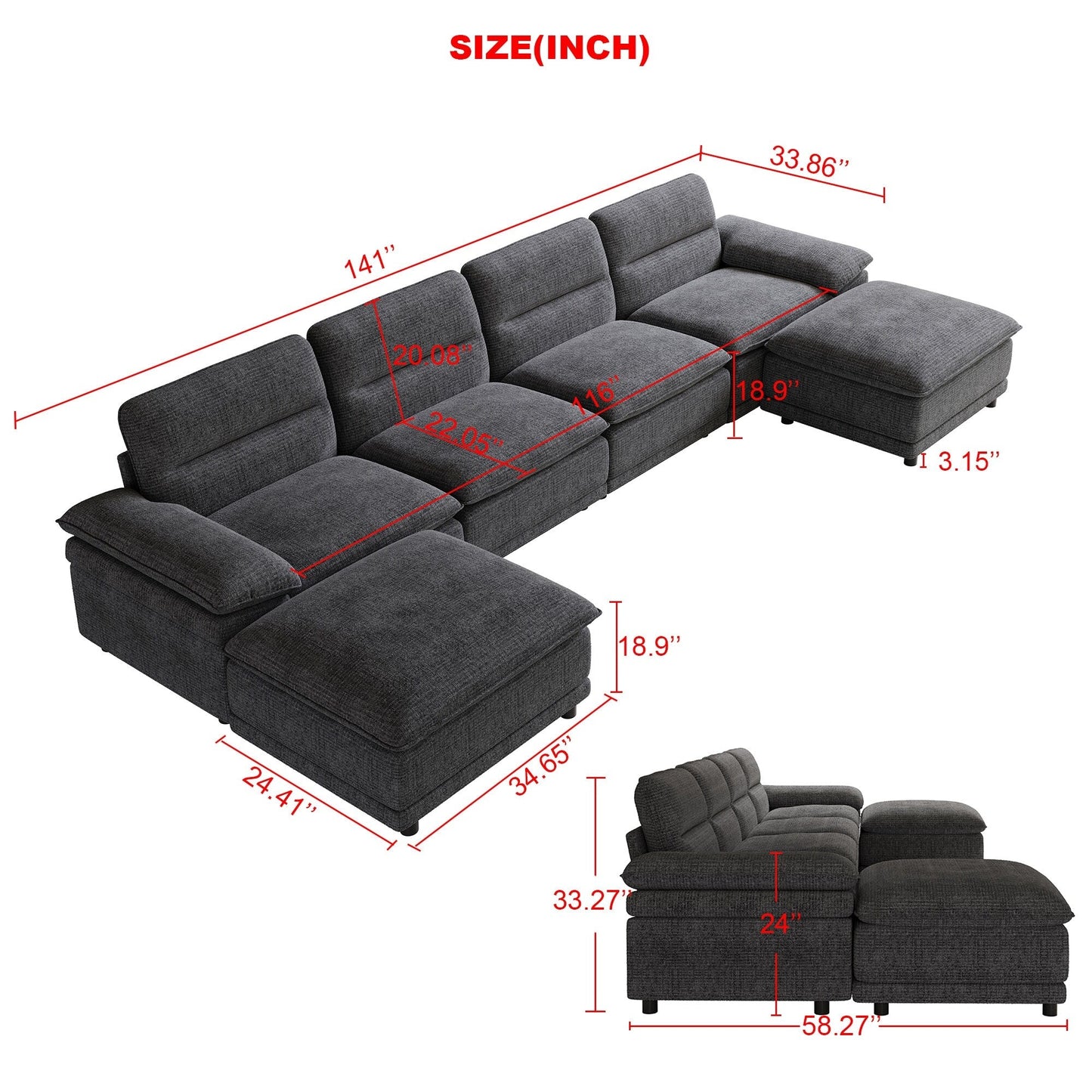 Divano componibile modulare moderno a forma di U, divano letto a 6 posti con chaise longue e pouf per soggiorno
