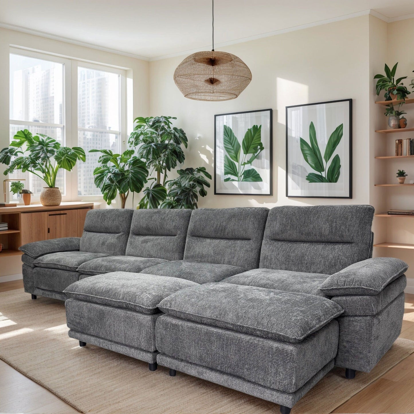 Divano componibile modulare moderno a forma di U, divano letto a 6 posti con chaise longue e pouf per soggiorno