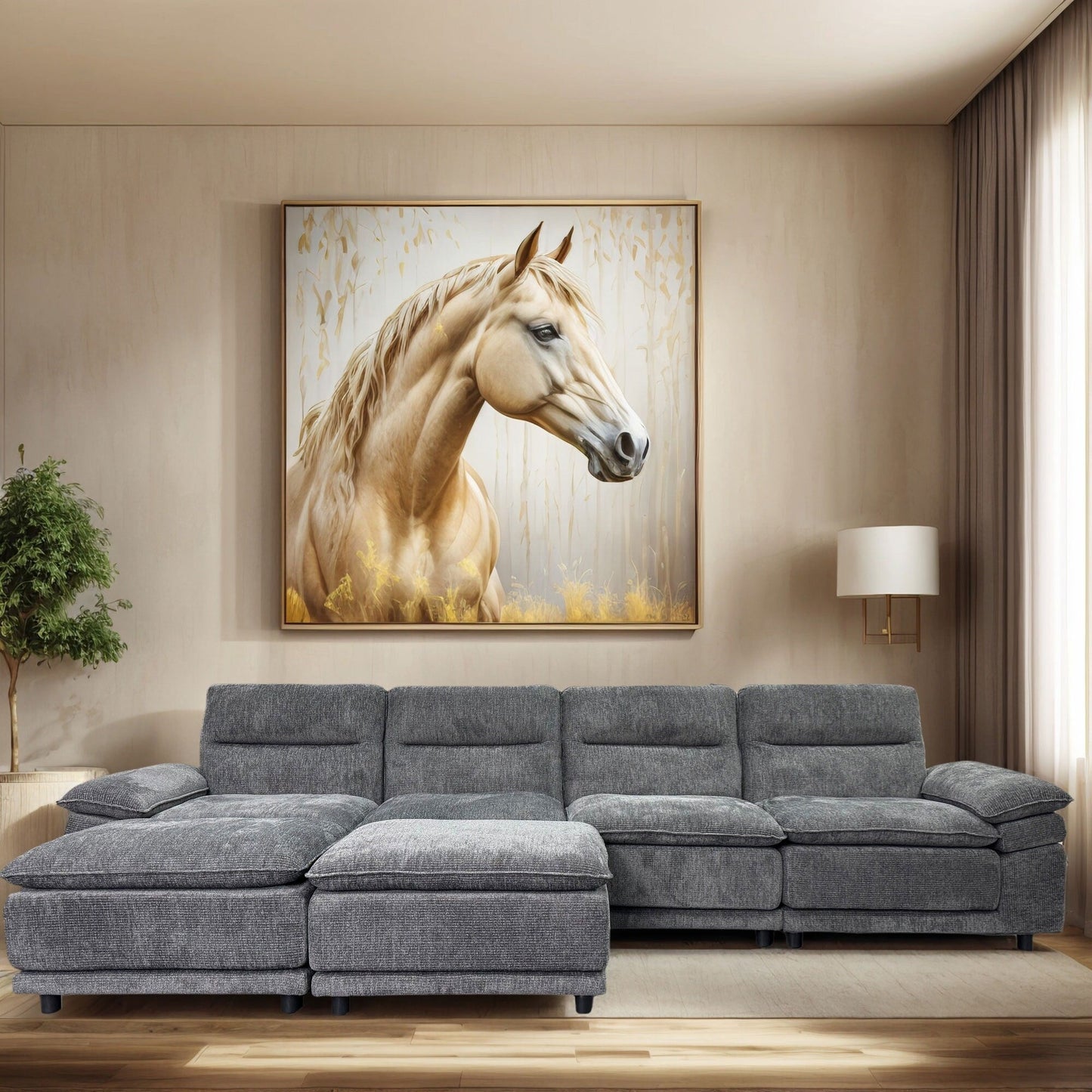 Divano componibile modulare moderno a forma di U, divano letto a 6 posti con chaise longue e pouf per soggiorno