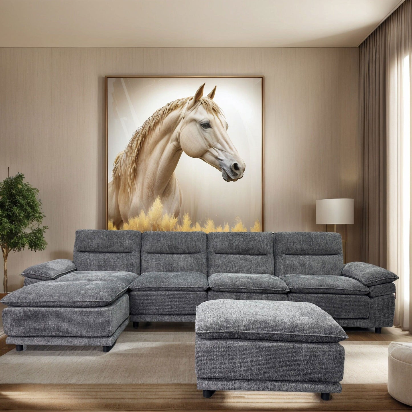 Divano componibile modulare moderno a forma di U, divano letto a 6 posti con chaise longue e pouf per soggiorno