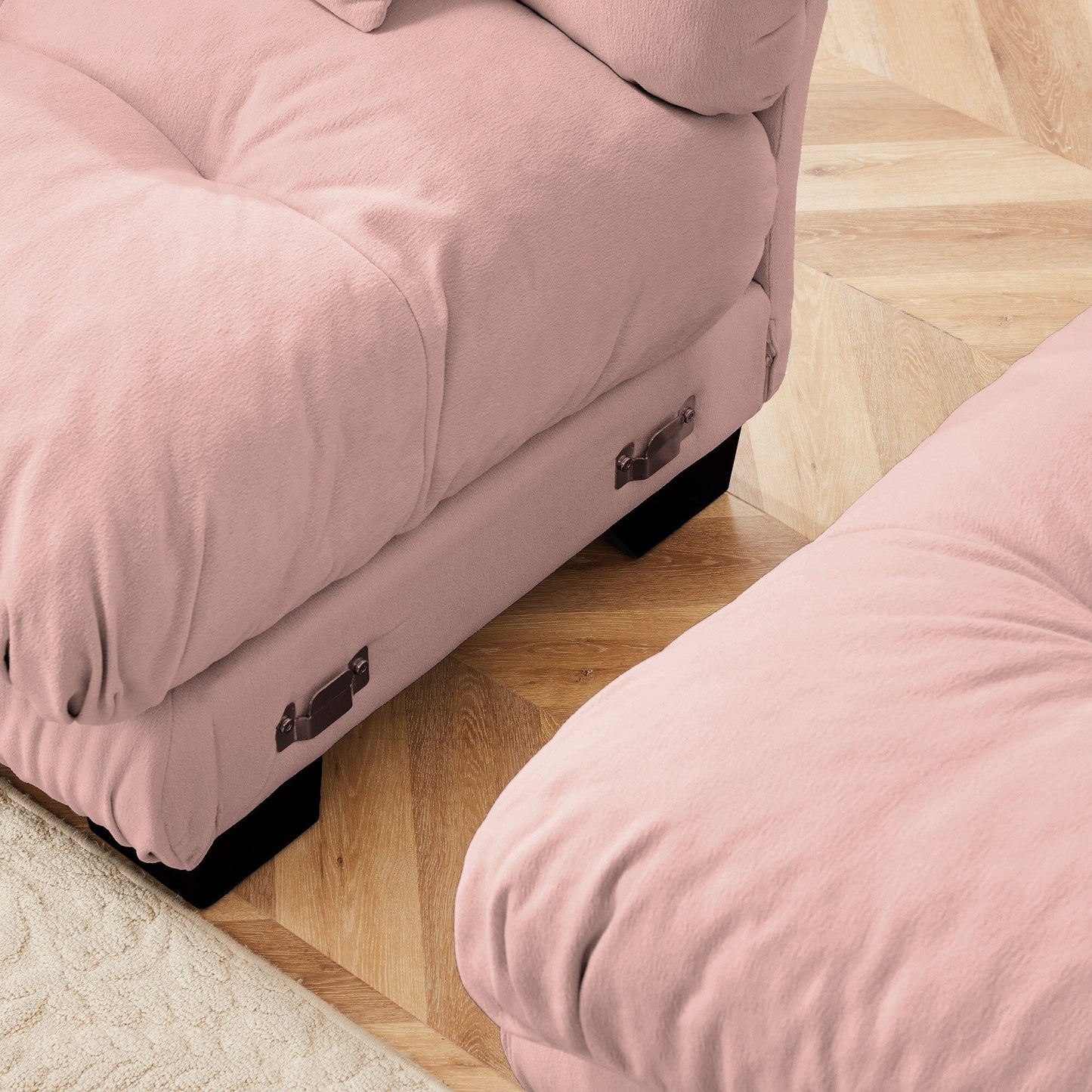 Divano componibile modulare moderno a forma di U con sedute profonde, 2 pouf e cuscini decorativi per il soggiorno