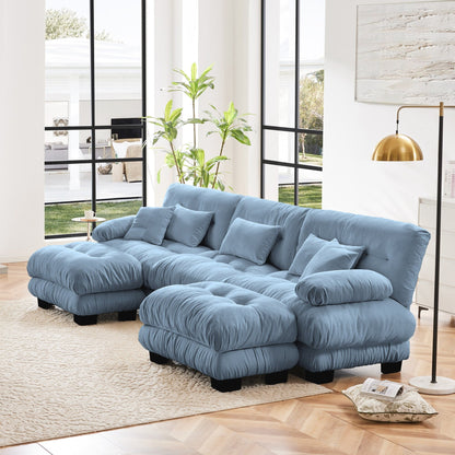 Divano componibile modulare moderno a forma di U con sedute profonde, 2 pouf e cuscini decorativi per il soggiorno