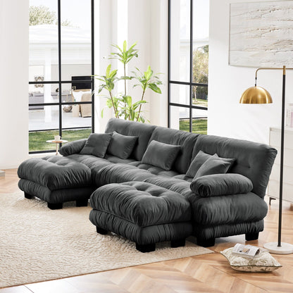 Divano componibile modulare moderno a forma di U con sedute profonde, 2 pouf e cuscini decorativi per il soggiorno