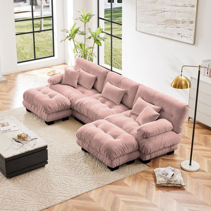 Divano componibile modulare moderno a forma di U con sedute profonde, 2 pouf e cuscini decorativi per il soggiorno
