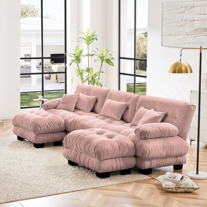 Divano componibile modulare moderno a forma di U con sedute profonde, 2 pouf e cuscini decorativi per il soggiorno