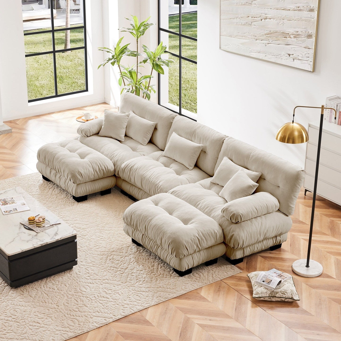 Divano componibile modulare moderno a forma di U con sedute profonde, 2 pouf e cuscini decorativi per il soggiorno