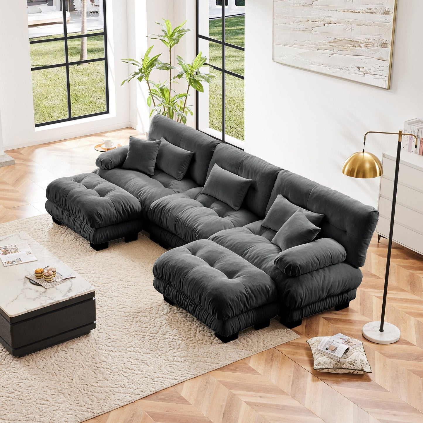 Divano componibile modulare moderno a forma di U con sedute profonde, 2 pouf e cuscini decorativi per il soggiorno