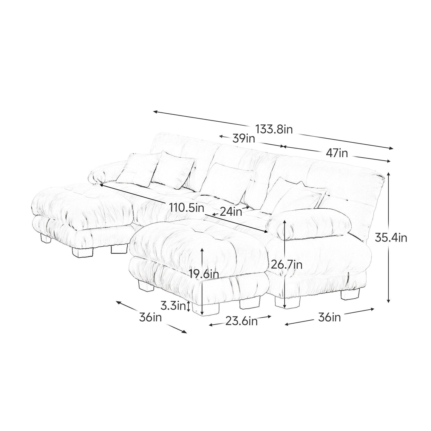 Divano componibile modulare moderno a forma di U con sedute profonde, 2 pouf e cuscini decorativi per il soggiorno