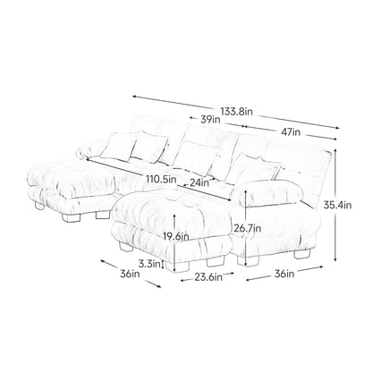 Divano componibile modulare moderno a forma di U con sedute profonde, 2 pouf e cuscini decorativi per il soggiorno
