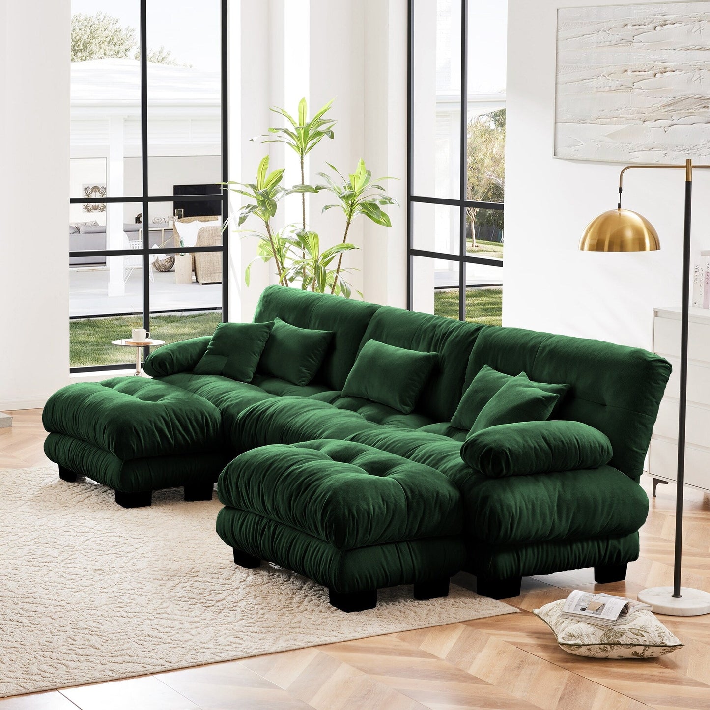 Divano componibile modulare moderno a forma di U con sedute profonde, 2 pouf e cuscini decorativi per il soggiorno