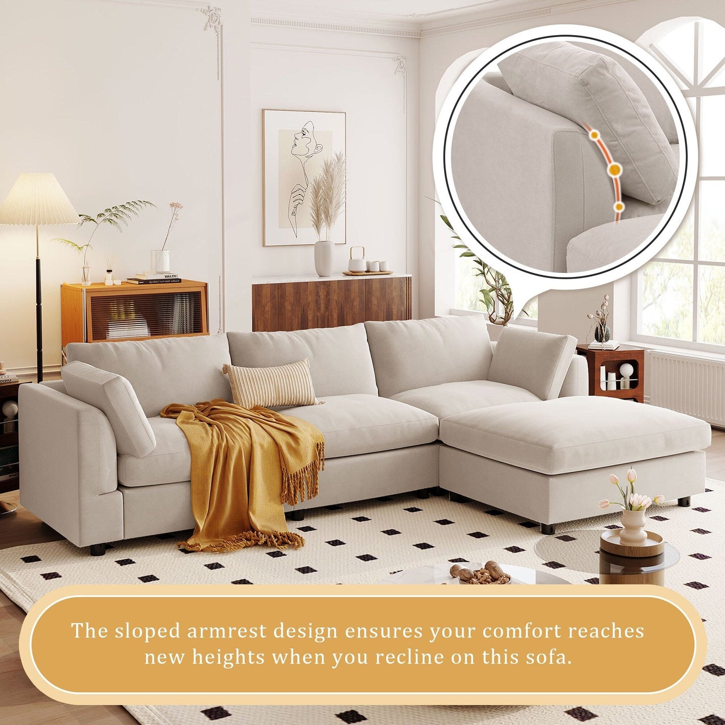 Divano componibile moderno imbottito a forma di L con poggiapiedi regolabile e chaise longue reversibile per soggiorno