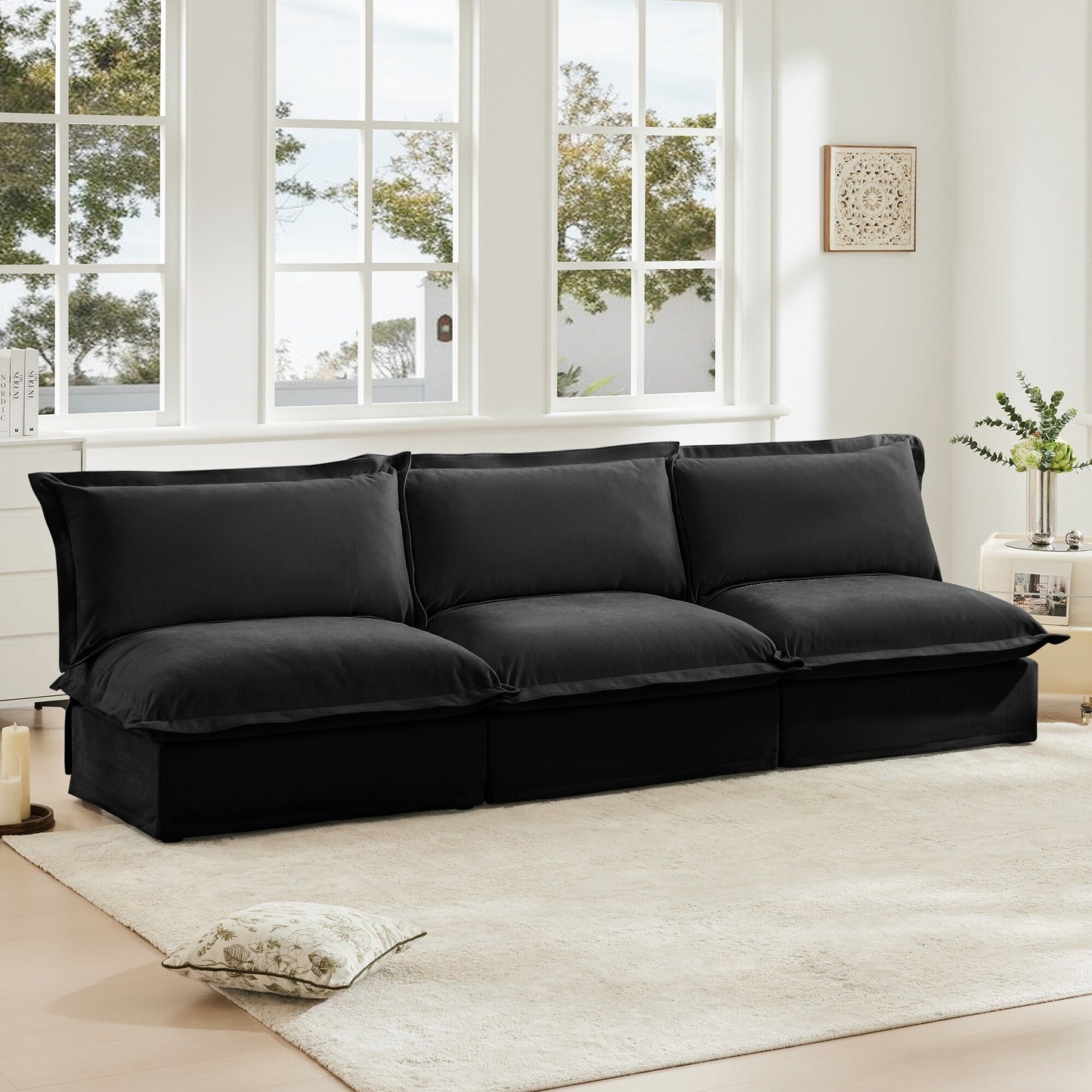 Divano moderno imbottito modulare senza braccioli a 3 posti, divano a 3 posti con seduta profonda, divano senza braccioli, combinazione libera