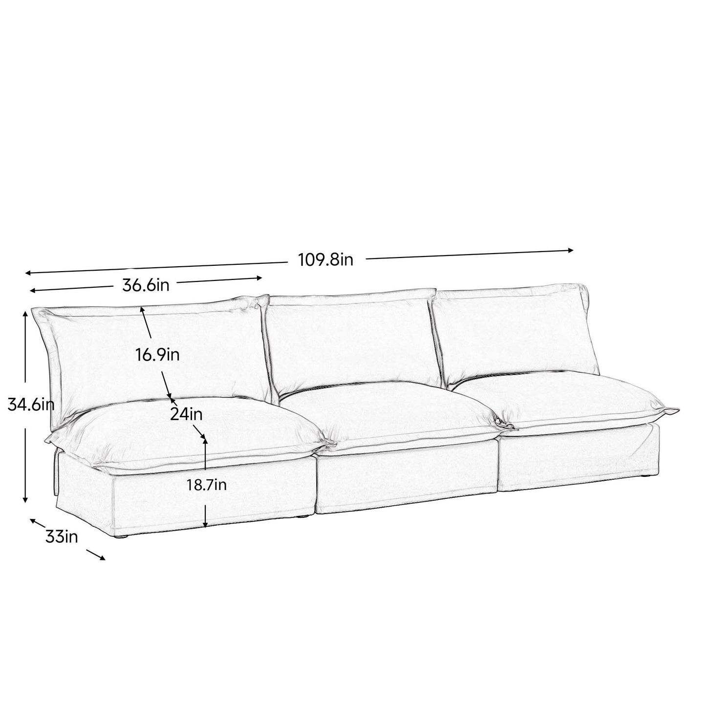 Divano moderno imbottito modulare senza braccioli a 3 posti, divano a 3 posti con seduta profonda, divano senza braccioli, combinazione libera